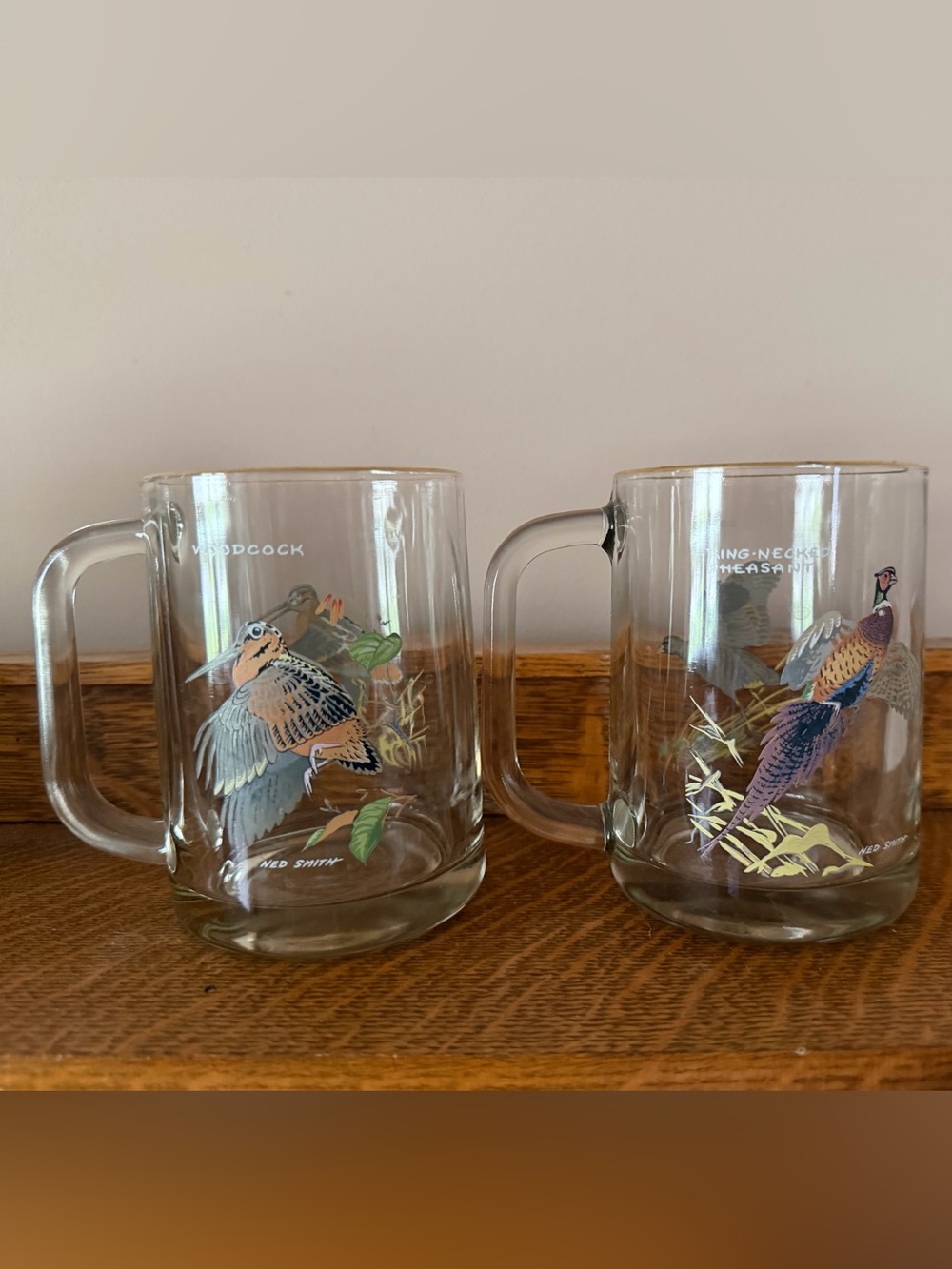 Vintage Ned Smith Duck Glass Mug Pair 22K Gold Trim Waterfowl Game Bird MCM